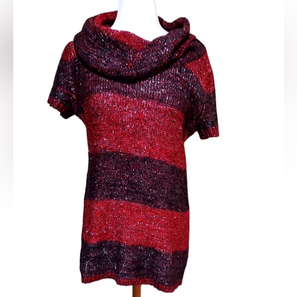 Notations L Sweater Dress Metallic Red Black Cowl Neck Striped Festive Knit